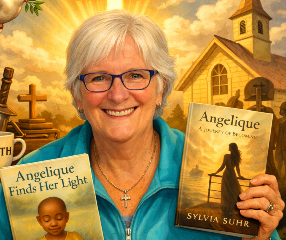 Sylvia Suhr holding two of her books